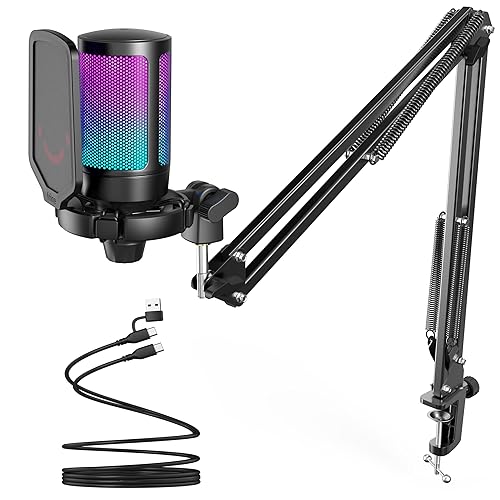 FIFINE Gaming PC USB Microphone, Podcast Condenser Mic with Boom Arm, Pop Filter, Mute Button for Streaming, Twitch, Online Chat, RGB Computer Mic for