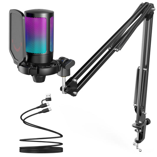 FIFINE Gaming PC USB Microphone, Podcast Condenser Mic with Boom Arm, Pop Filter, Mute Button for Streaming, Twitch, Online Chat, RGB Computer Mic for