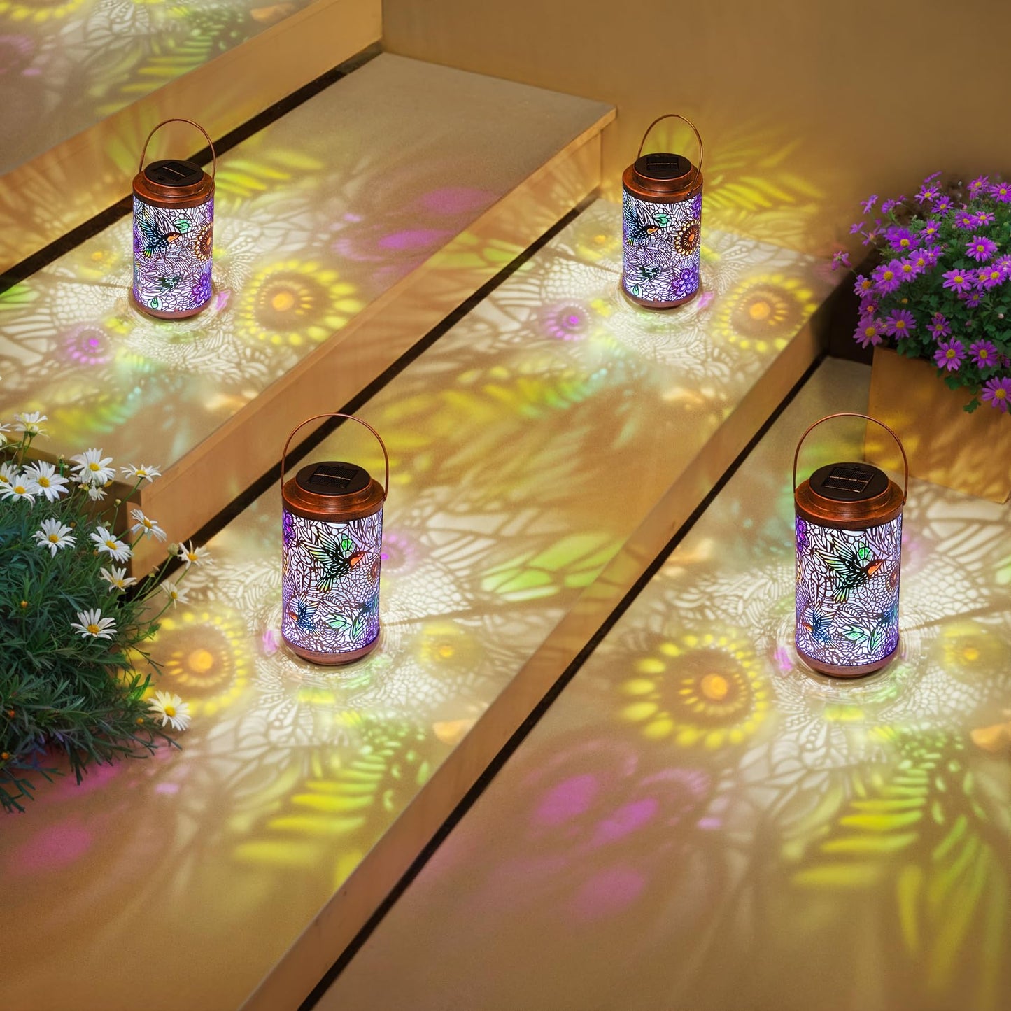 2Pack Solar Lanterns Outdoor Waterproof Hummingbird Garden Gifts for Mom, Multicolor Solar Lights Lantern for Backyard Garden, Pathway, Outside