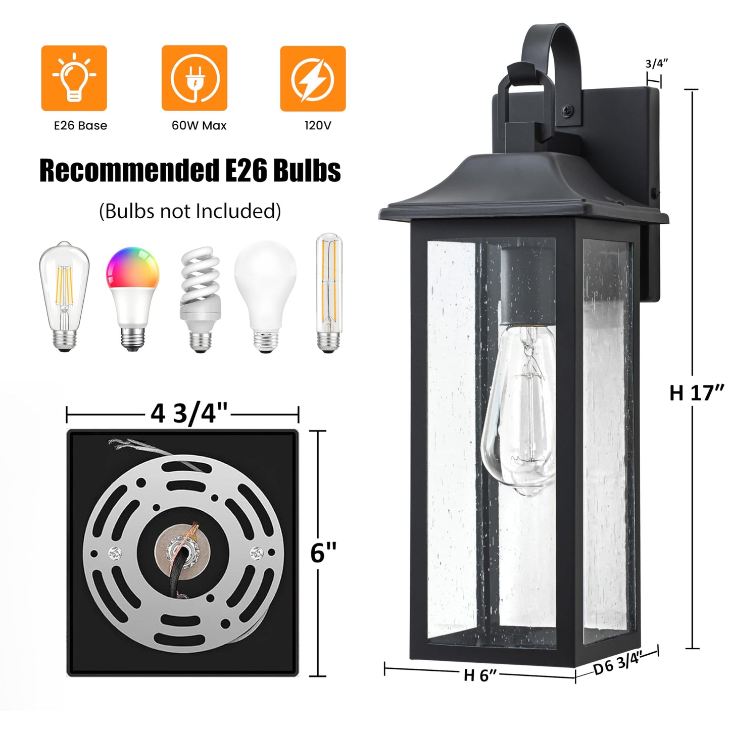 RVsmattly 17inch Outdoor Wall Light Fixture, Matte Black Porch Lights Outdoor,Waterproof Exterior Wall Lantren with Clear Seeded Glass Shade,Outside