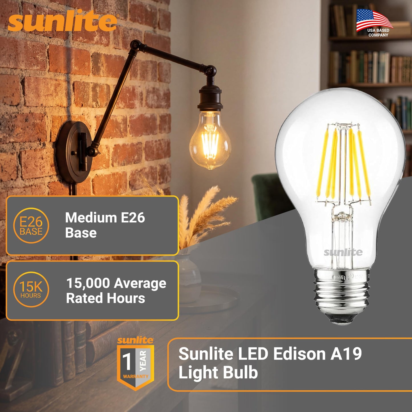 Sunlite 41613 LED Edison A19 Light Bulb, 6 Watts (40W Equivalent), 600 Lumens, Medium E26 Base, Dimmable, Clear Glass Filament, UL Listed, 2200K