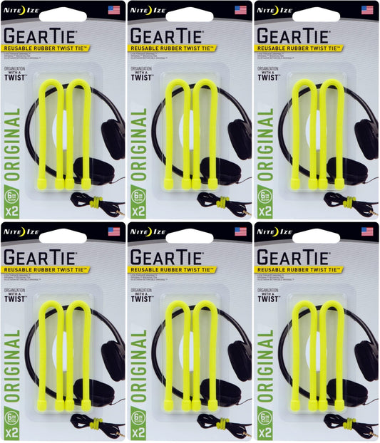 Nite Ize 2-Pack Gear Tie Reusable Rubber Twist Tie, 6" - Neon Yellow (6-Pack)