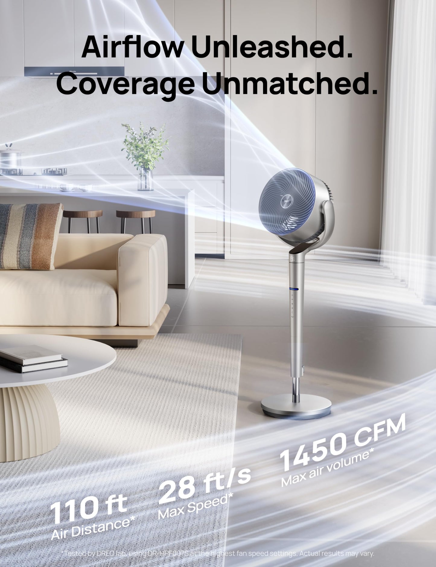 DREO Smart Fan for Bedroom, Position-based Oscillation, 150°+120° 3D Oscillating Fan, 110ft Pedestal Fans with Wi-Fi/Voice/Remote, Standing Fans Work