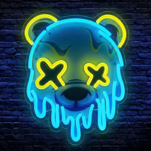 Melting Bear Neon Sign, Cool Yellow & Blue LED Signs for Wall, Dimmable Neon Signs for Wall Decor with Memory Function, Cyberpunk Decor for Gaming