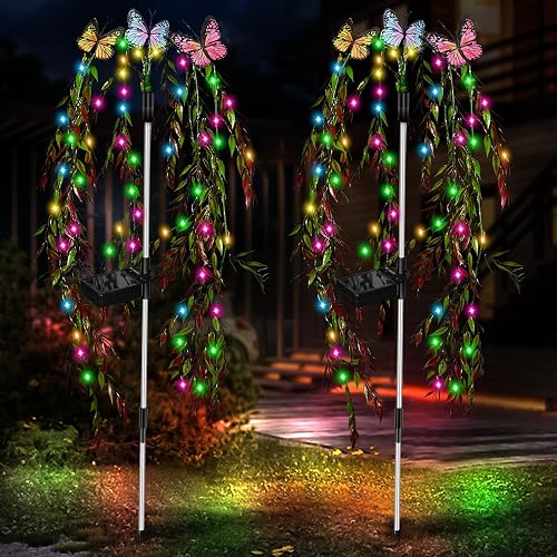 Solar Garden Lights Outdoor Decorative Waterproof, 69LED Swaying Tree Solar Lights for Outside, Butterfly Flower Lights Solar Power Yard Decor