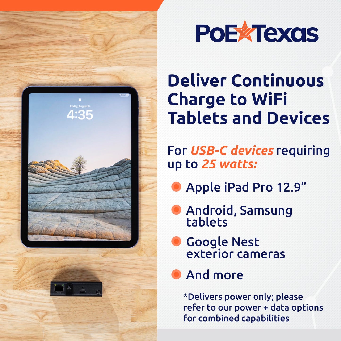 PoE Texas PoE+ to USB-C Splitter, 25W Power Delivery, 5-20V