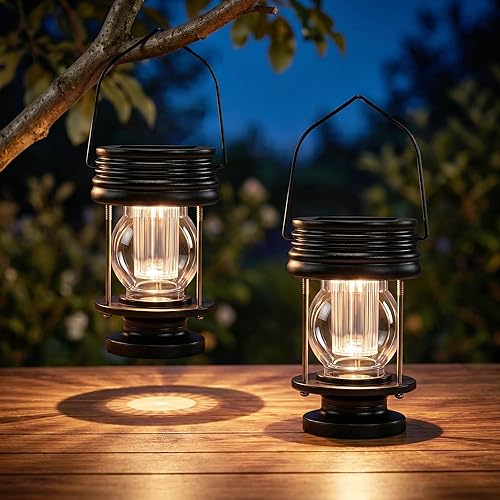 Solar Lanterns Outdoor Hanging Lights, Upgraded Dual Solar & USB Charging, Adjustable Light Sensor, Retro Waterproof Table Lamp for Garden Yard