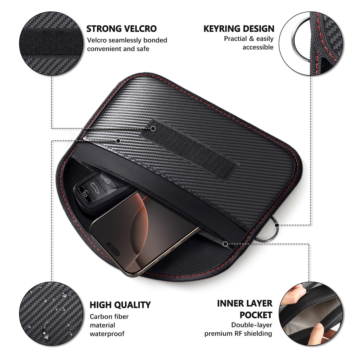 Faraday Bags for Phones & Car Keys, 2 Pack Signal Blocking Pouch - Anti-Theft RFID/GPS/Bluetooth/WiFi/5G Shielding Case, Waterproof Carbon Fiber