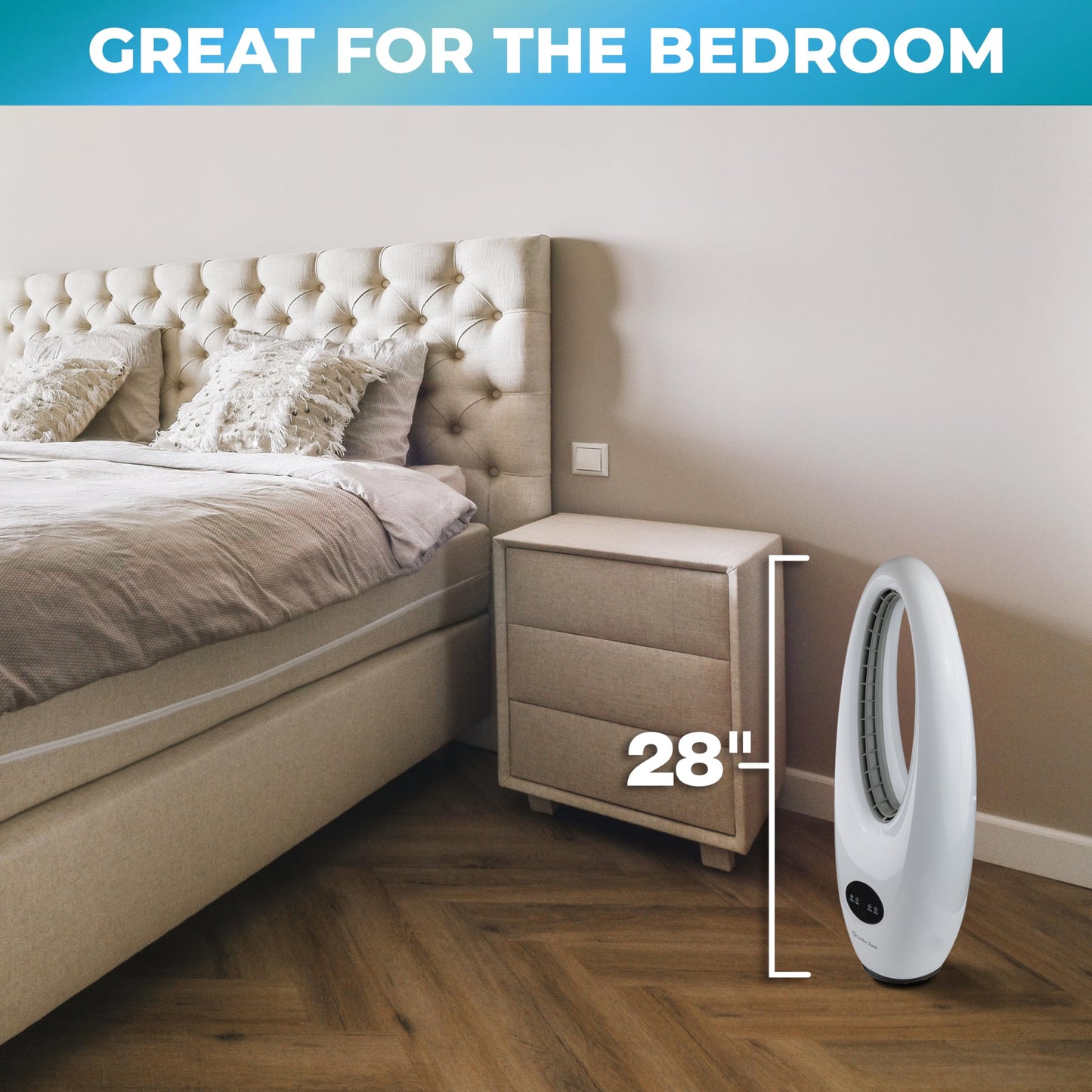 Comfort Zone 28-Inch Oscillating Bladeless Tower Fan with Remote Control, 3 Speeds, 70° Oscillation, Portable Tower Fan with 9-Hour Timer & LED