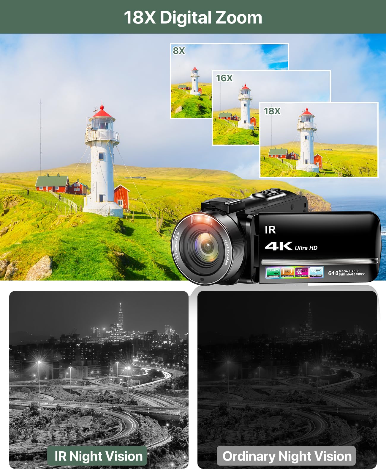 4K Video Camera Camcorder 64MP Vlogging Camera for YouTube 3.0" Touch Screen 18X Digital Zoom IR Night Vision with External Stereo
