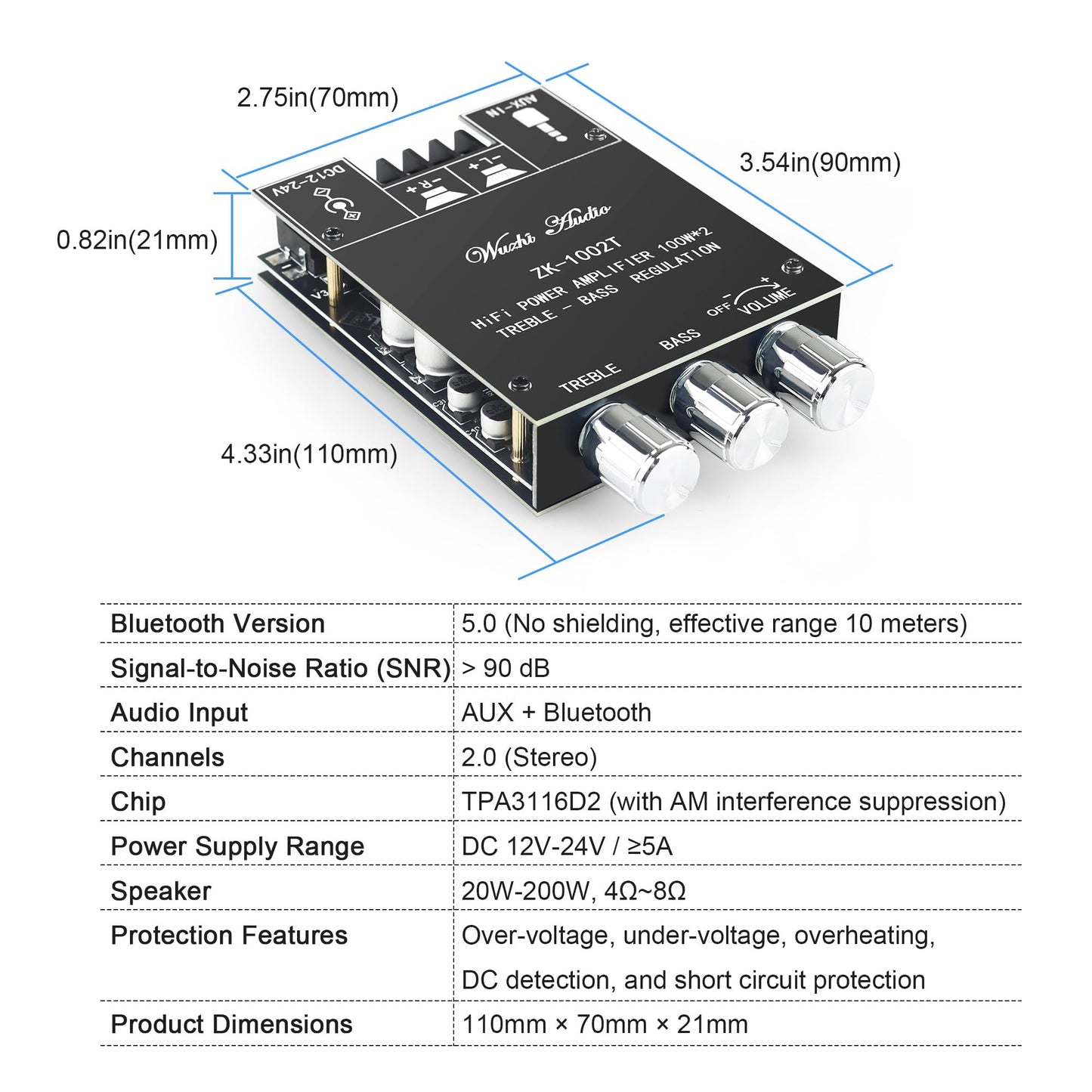 ZK-1002T 200W Bluetooth Amplifier Board, DC 9-24V, BT and AUX Inputs, 2.0 Channel Stereo AMP Board with Treble and Bass Control for DIY Wireless