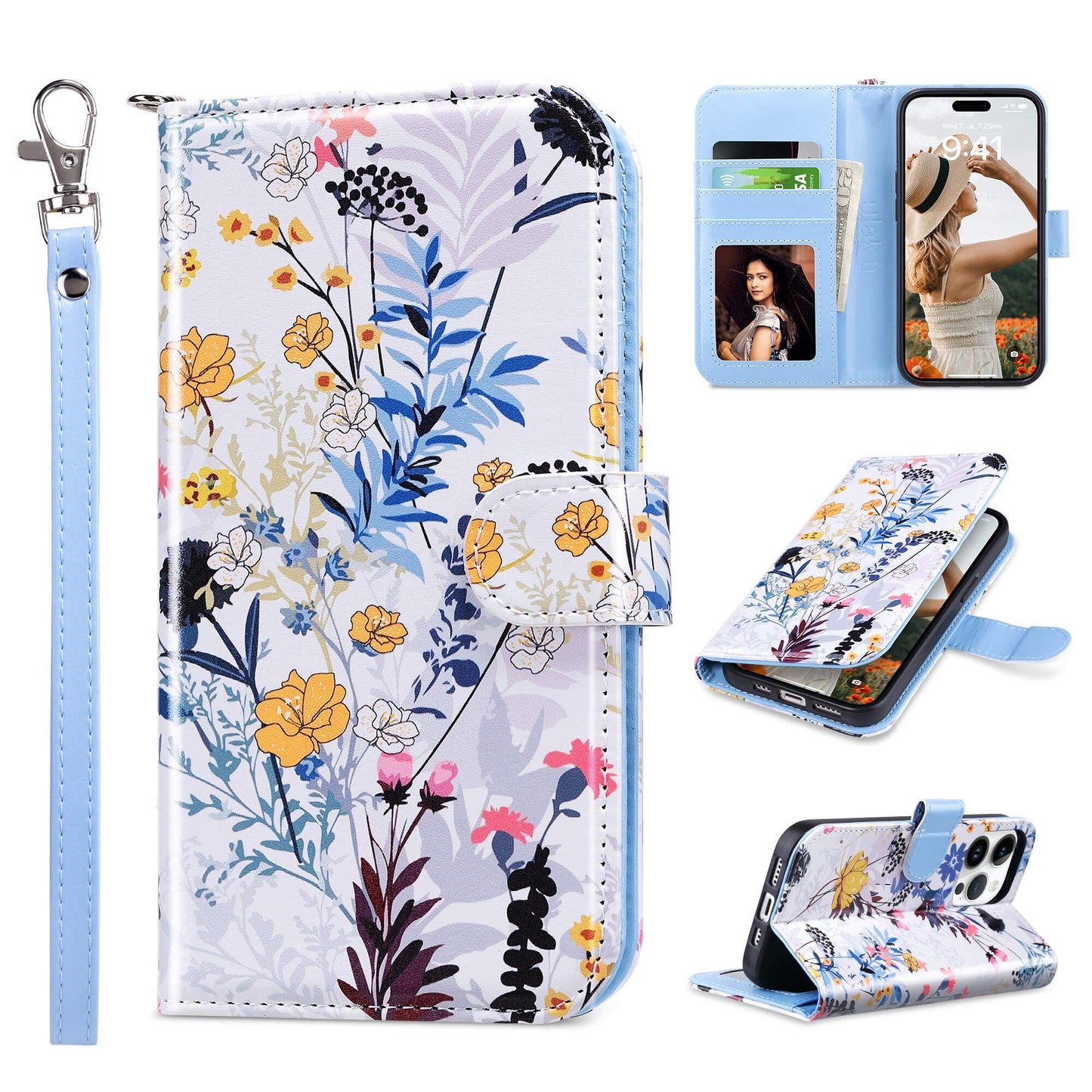 ULAK Compatible with iPhone 14 Pro Wallet Case with Card Holder, Flip PU Leather Floral Phone Protective Cover for Women, Kickstand Wristlet