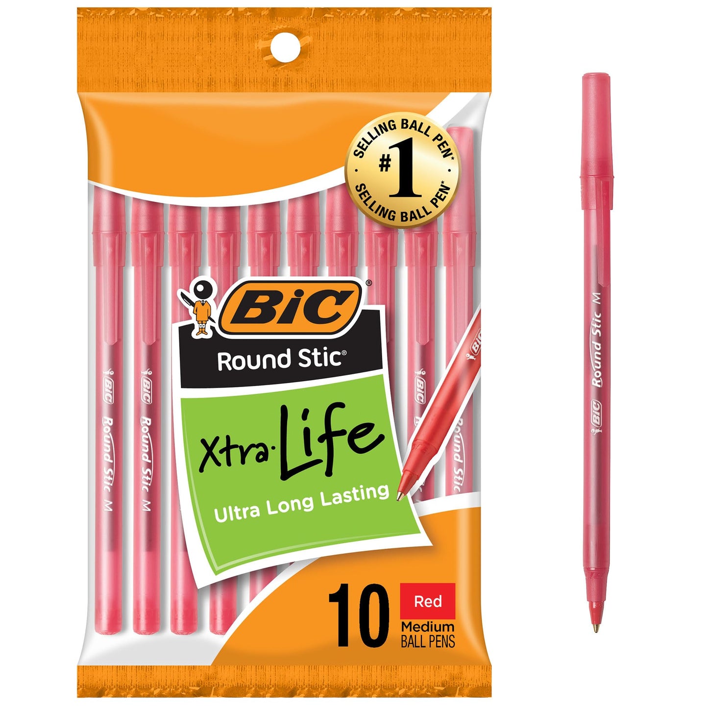 BIC Round Stic Xtra Life Red Ballpoint Pens, Medium Point (1.0mm), 10-Count Pack of Bulk Pens, Flexible Round Barrel for Writing Comfort, No. 1