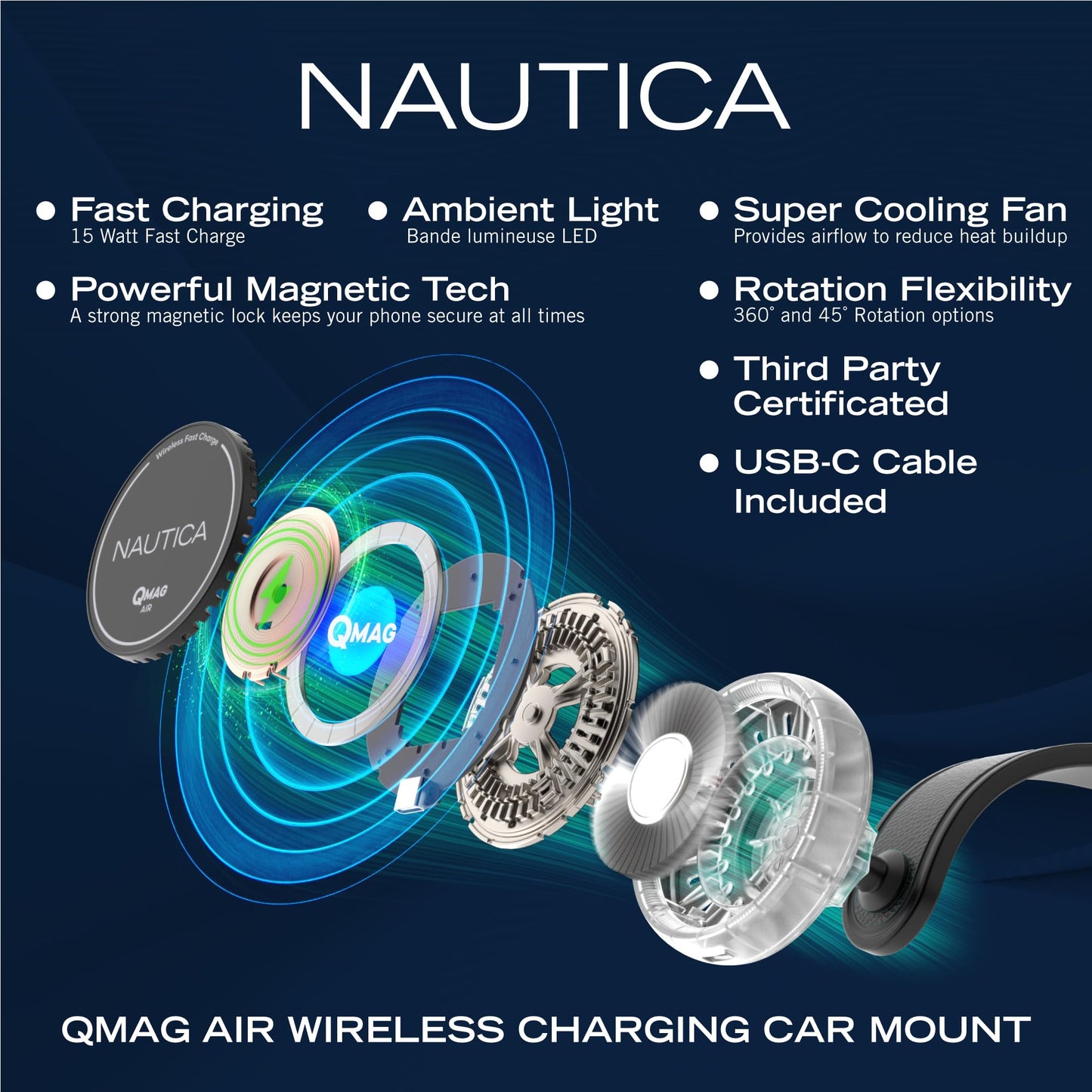 Nautica Turan QMAG Air - Wireless Magnetic Car Charger 15W with Cooling Fan and Ambient Light, Includes 4ft USB C Cable, Universal Phone Mount