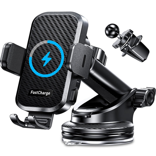 CHGeek Wireless Car Charger with Phone Holder Mount, 15W Fast Charging Auto Clamping Phone Holders for You Car Windshield Dashboard Air Vent