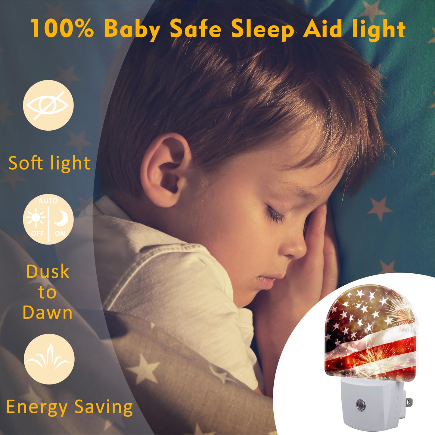 sndheke America Flag with Fireworks Night Light Plug into Wall,Vintage The USA Flag Patriotic Dusk to Dawn Night Light,0.5w Energy Saving Sleep