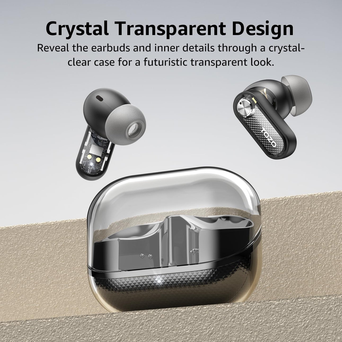 TOZO Crystal Pods Hybrid Active Noise Cancelling Wireless Earbuds, 10mm Drivers Deep Bass, 4 Mics Smart ENC AI Calls, Real-Time AI Translation, 32 EQ