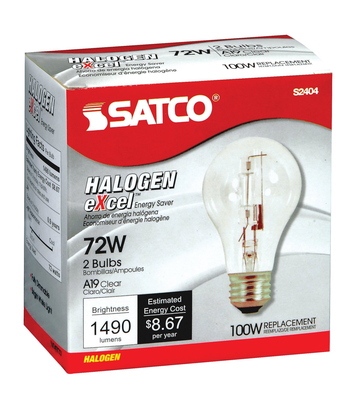 Satco S2404 72 Watt (100 Watt) 1490 Lumens A19 Halogen Warm White 3000K Clear Light Bulb, 2-Pack