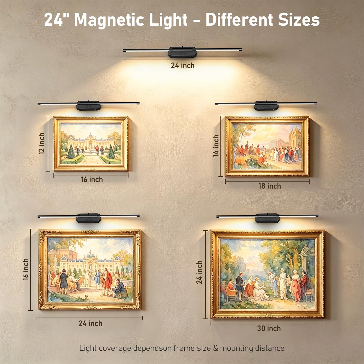 Glendan Wireless Picture Light for Wall: 24" Rechargeable Art Light with Remote & Timer, 8000mAh Battery Operated Poster Lights, 3 Color Modes & 3
