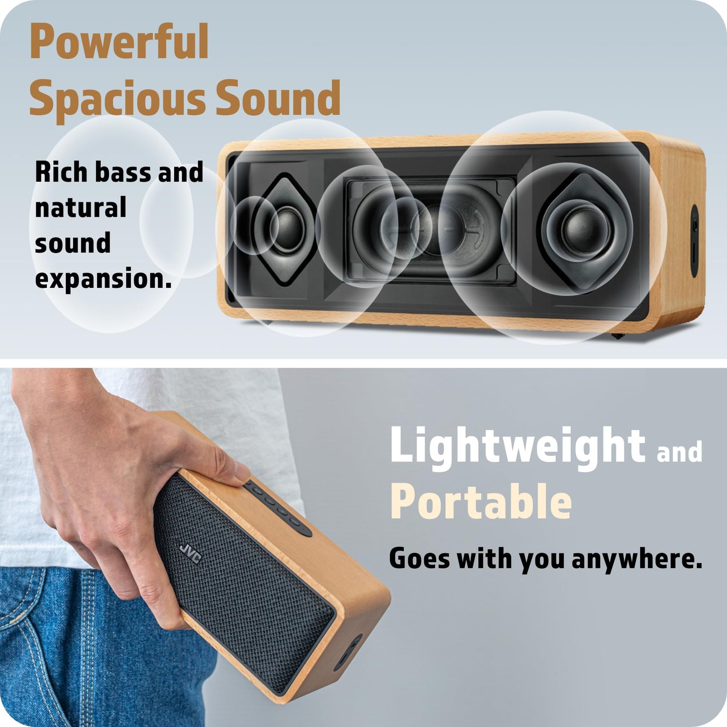 JVC Portable Wireless Bluetooth Stereo Speaker - Genuine Wood, Retro Style, Rich Sound, 12 Hr Battery, Palm-Sized, for Home, Office, or Outdoors