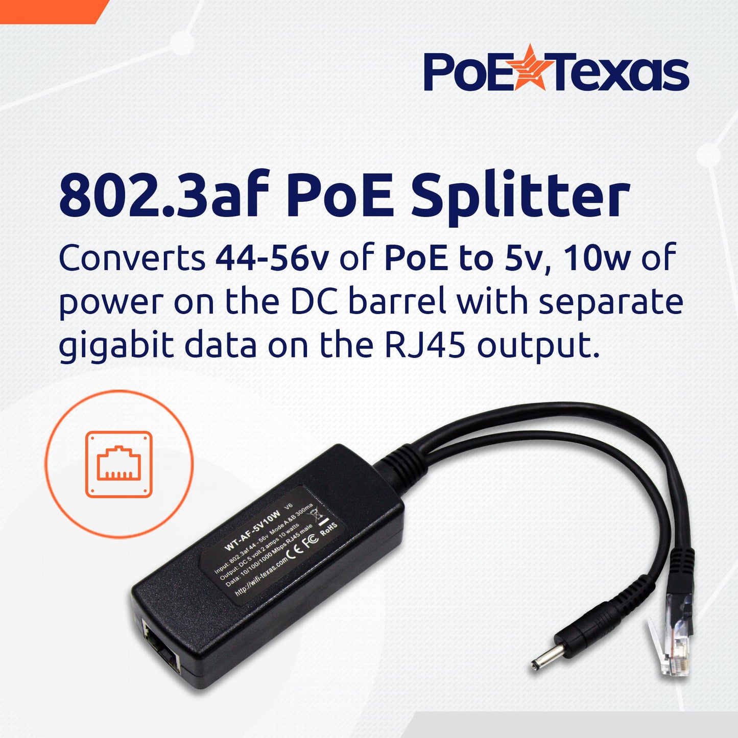 PoE Texas 802.3af Power Over Ethernet PoE Splitter with 5 Volts 10 Watts Output - for 5V Non-PoE Security Camera and Devices Like Foscam, Sonoff