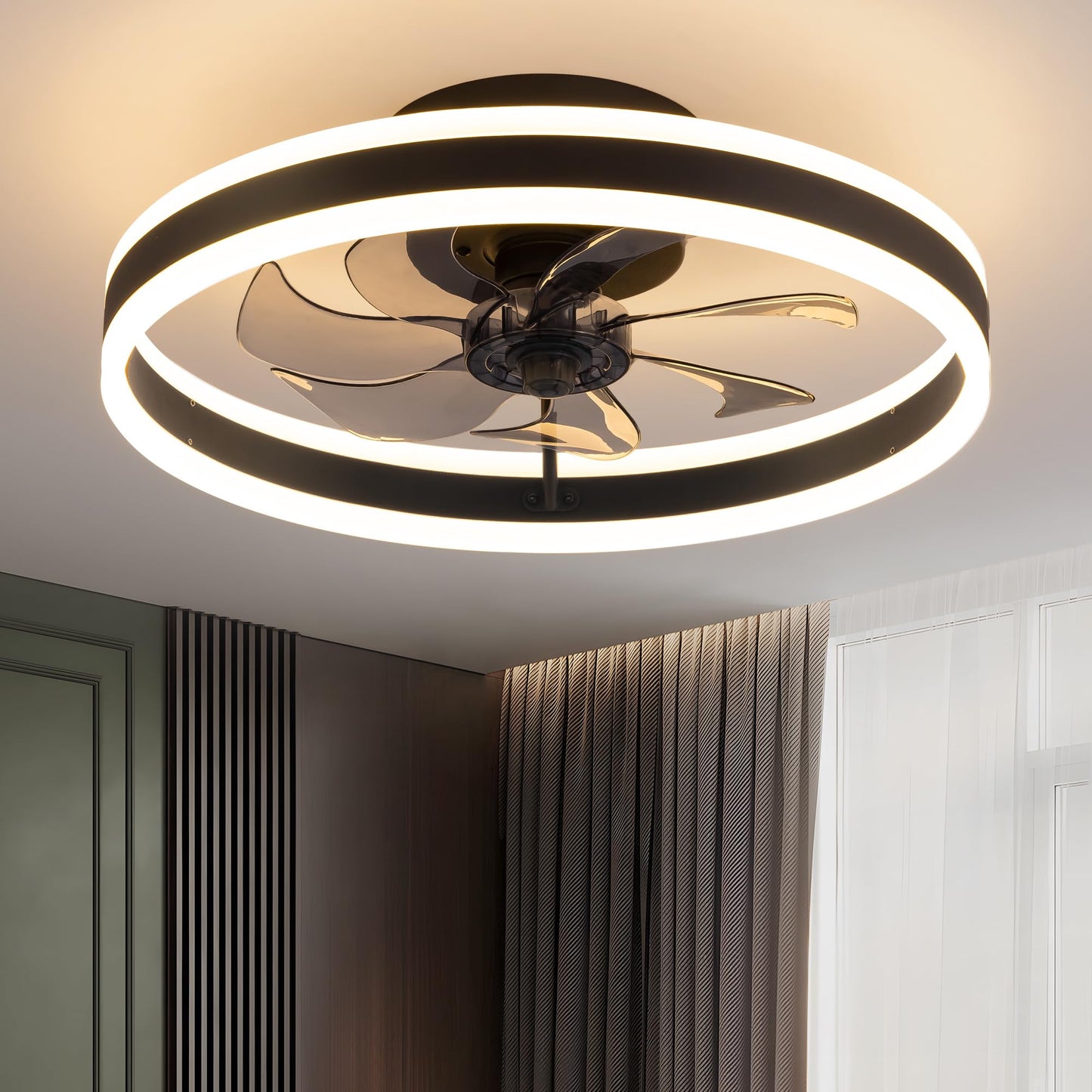 KDG 15.8" Black Low Profile Ceiling Fans with Light, Bedroom Fan Lighting
