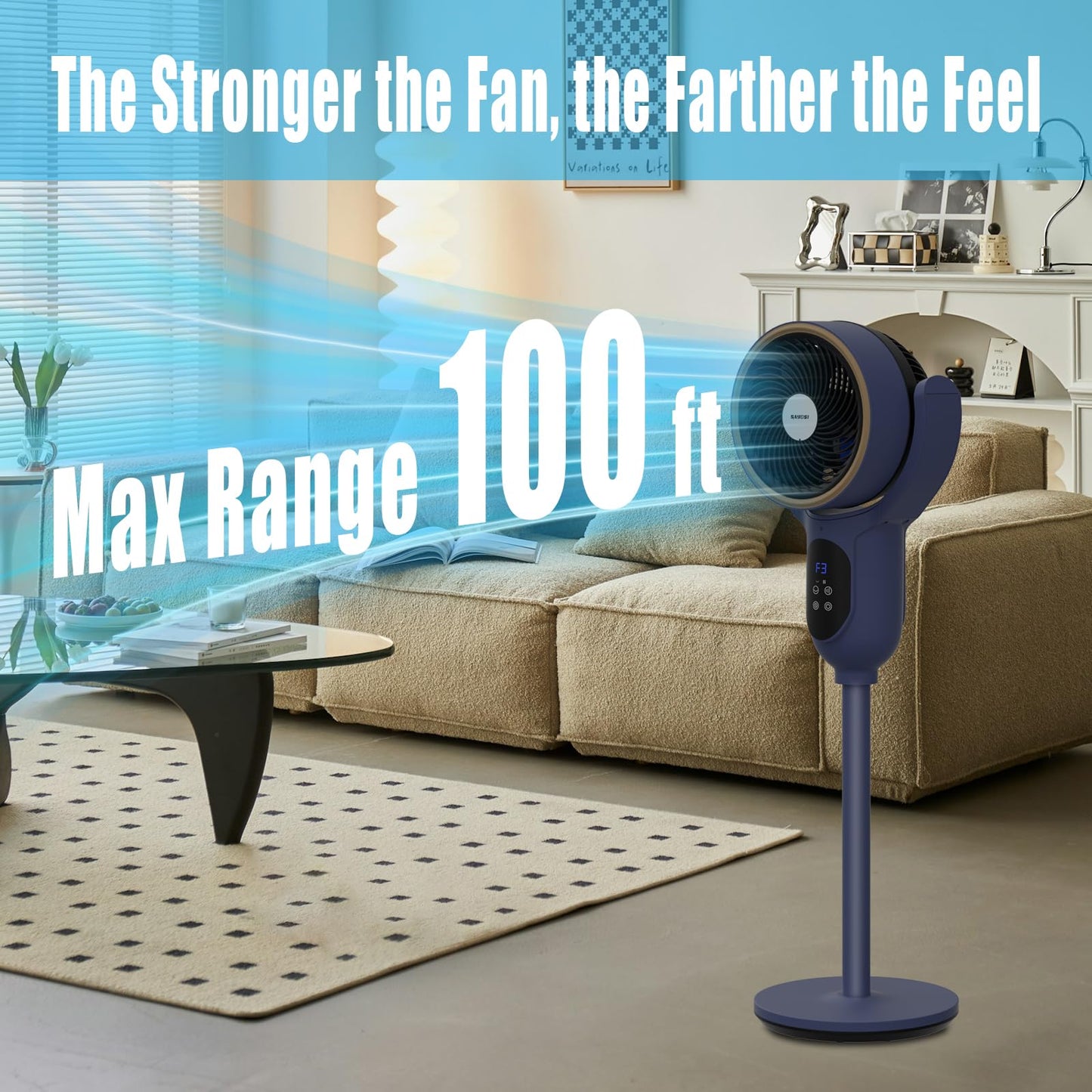 SAYDSI Fan for Bedroom,Auto 90° Oscillating Standing Tower Fan,100ft Electric Cooling Pedestal Fans for Home and Office(Blue)