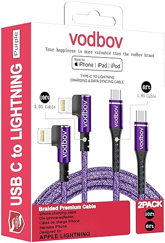 VODBOV USB-C to Lightning Braided Cable iPhone Charger Fast Charging Cord Right Angle 2pack 10ft 6ft 90 Degree MFi Certified Cable Xr Sage (Purple)