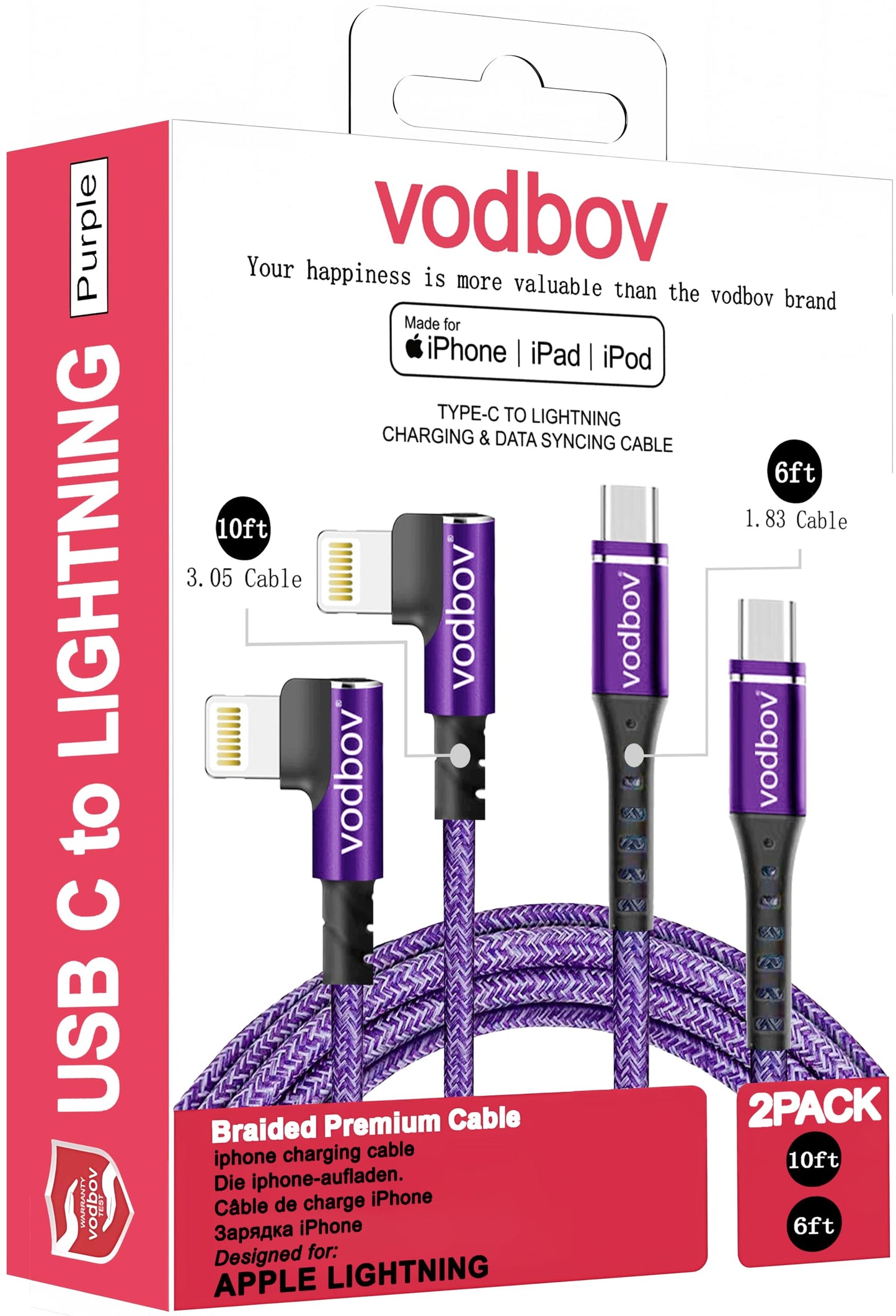 VODBOV USB-C to Lightning Braided Cable iPhone Charger Fast Charging Cord Right Angle 2pack 10ft 6ft 90 Degree MFi Certified Cable Xr Sage (Purple)