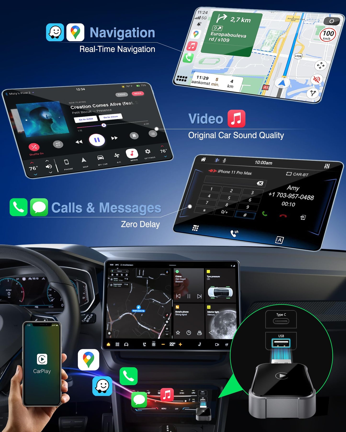 Koxot Wireless CarPlay Adapter for iPhone, 2025 Upgrade Wired Carplay to Wireless, Low Latency, Long-Term Stability, Plug & Play, Mini Apple CarPlay