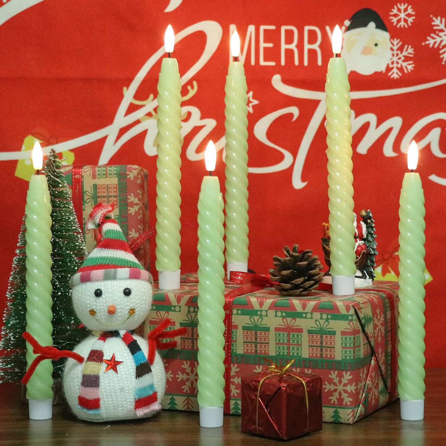Lasumora Flameless Taper Candles Green Pastel Flickering with Remote Timer, Battery Operated Warm 3D Wick LED Spiral Candles 6 Pack 9.8" Real Wax