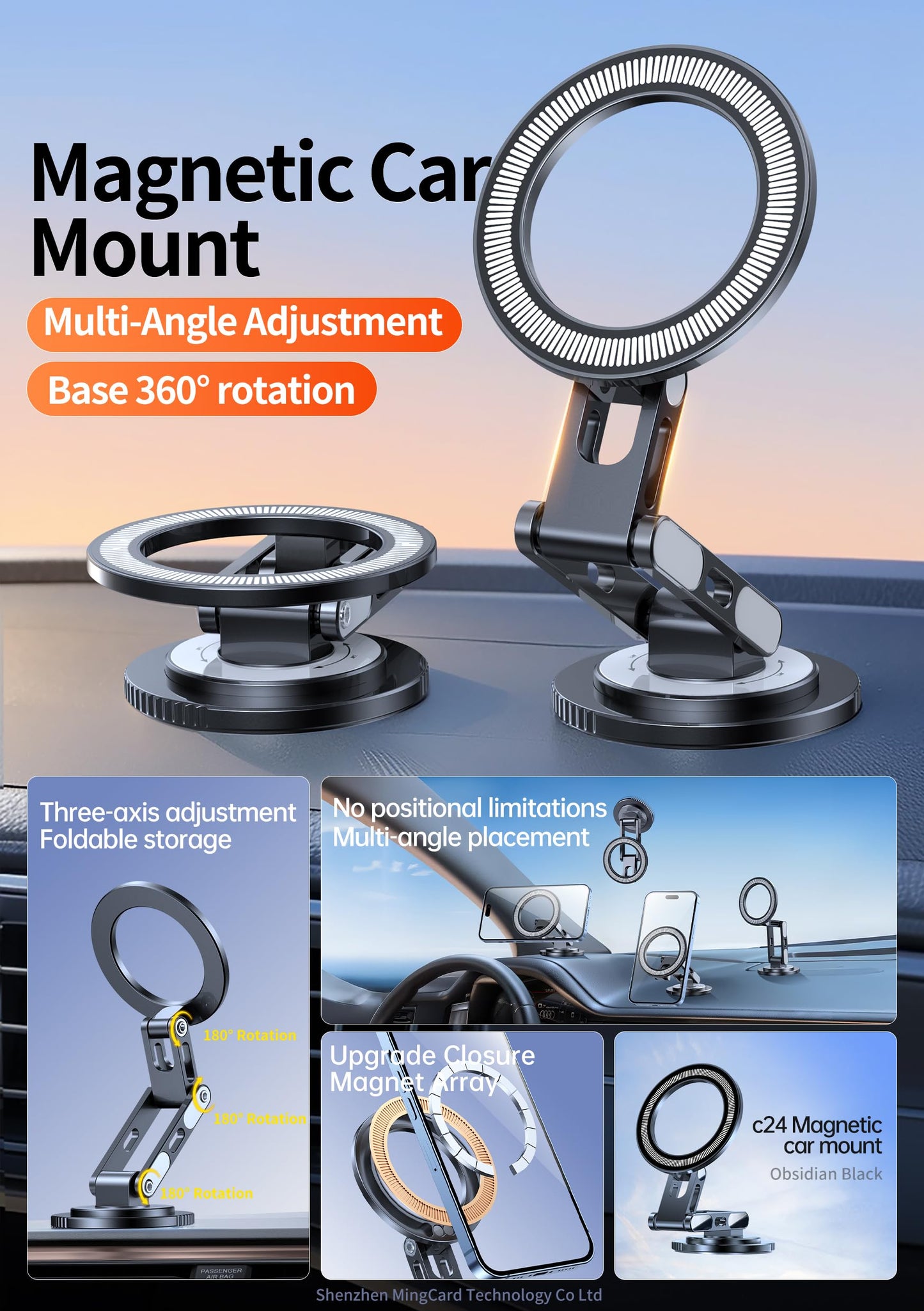 Micool Magnetic Car Phone Holder, Dashboard Mount with 360° Rotation & 720° Foldable Arm, Universal Strong Grip Tablet Stand for All Phones and Pad in