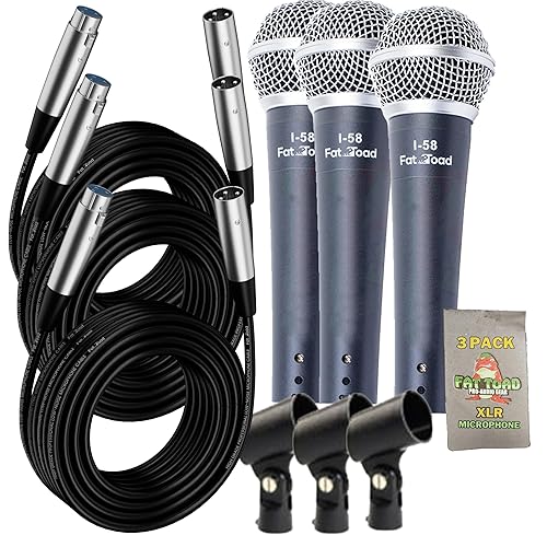 Fat Toad Vocal Microphones (Live ResponsePRO Edition) 3-Pack - Cardioid Dynamic Handheld Mics with Clips & 20ft XLR Cables for Studio, DJ & Karaoke