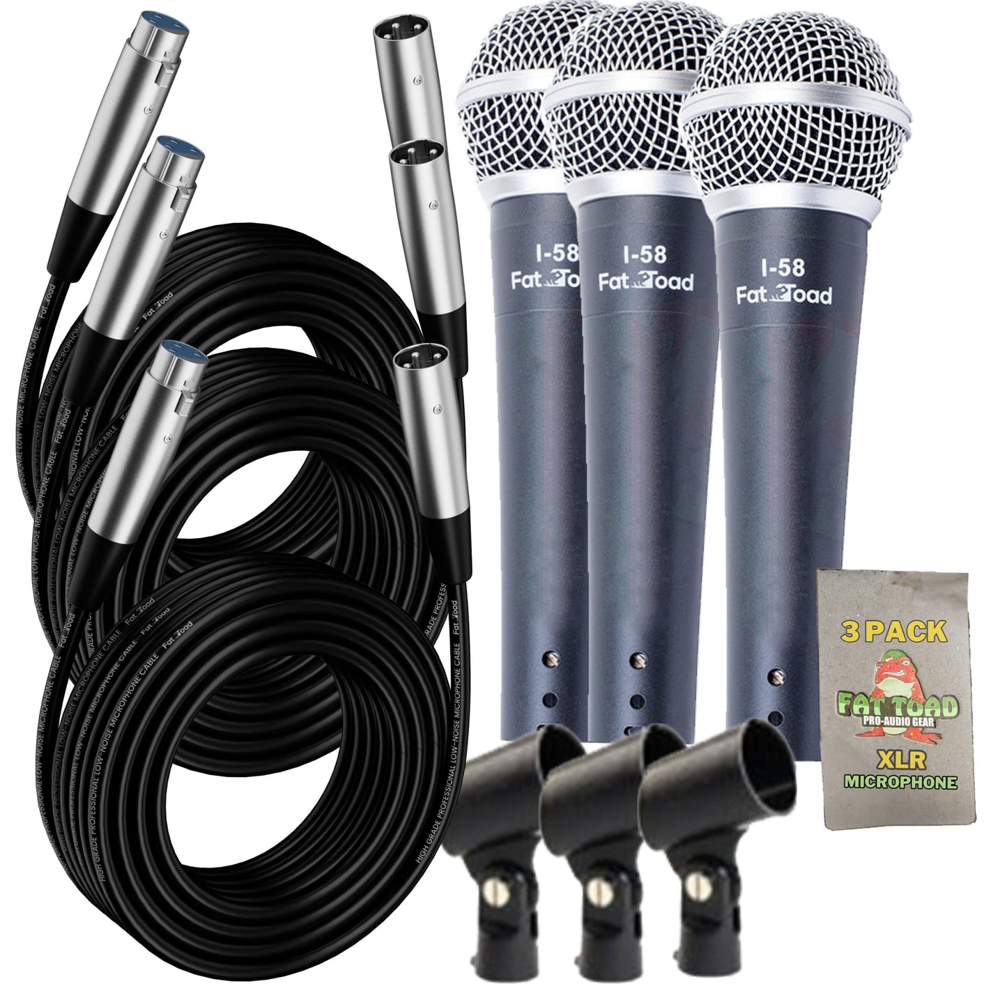 Fat Toad Vocal Microphones (Live ResponsePRO Edition) 3-Pack - Cardioid Dynamic Handheld Mics with Clips & 20ft XLR Cables for Studio, DJ & Karaoke