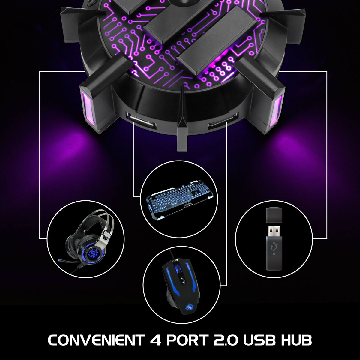 Enhance Pro Gaming Mouse Bungee Cable Holder 4 Port USB Hub with 7 LED Color Modes, Cable Management Support, Improved Accuracy and Weighted Design