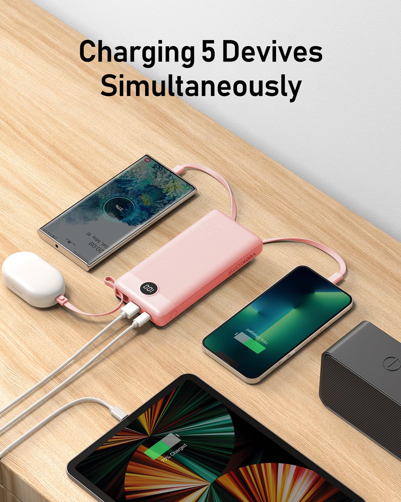 VEEKTOMX 20000mAh Portable Charger with Built-in USB-C & iPhone Cables, Fast Charge Power Bank, LED Display, 5-Output Travel Battery for iPhone