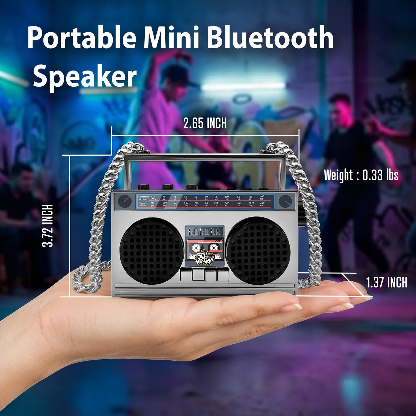 Portable Bluetooth Speakers, Retro Speakers Bluetooth Wireless Wearable Mini Bluetooth Boombox with 27” Neck Chain, FM Radio, On-Board Buttons, Dual