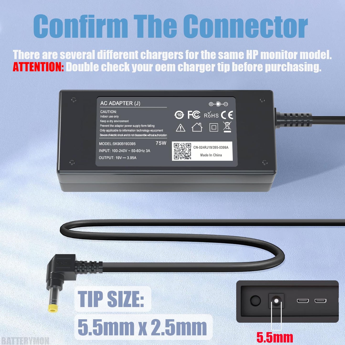Compatible with 19V HP Monitor Power Cord, Pavilion 22cwa 22bw 22er 23er 23es 24ec 24ea 24f 25er 25vx 25xw 25f 27es 27bw 27er 27xw 27eb 27f 32f…
