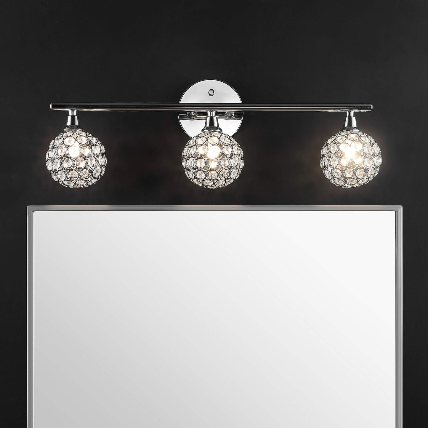 JONATHAN Y 23" Chrome Maeve Modern Glam LED Vanity Light Sconce for Bathroom, Clear Crystal Globe Shade, Art Deco Wall Light for Hallway Entryway