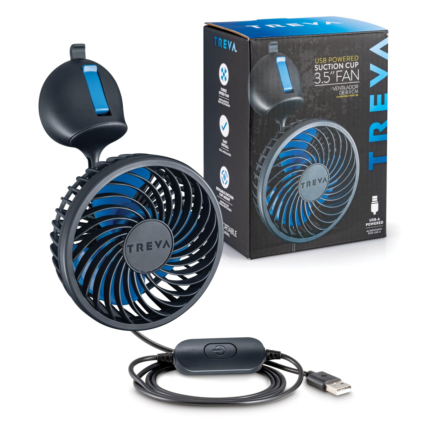 Treva 3.5 in USB Fan with Suction Cup 3-Speed Attachable Car Fan Black