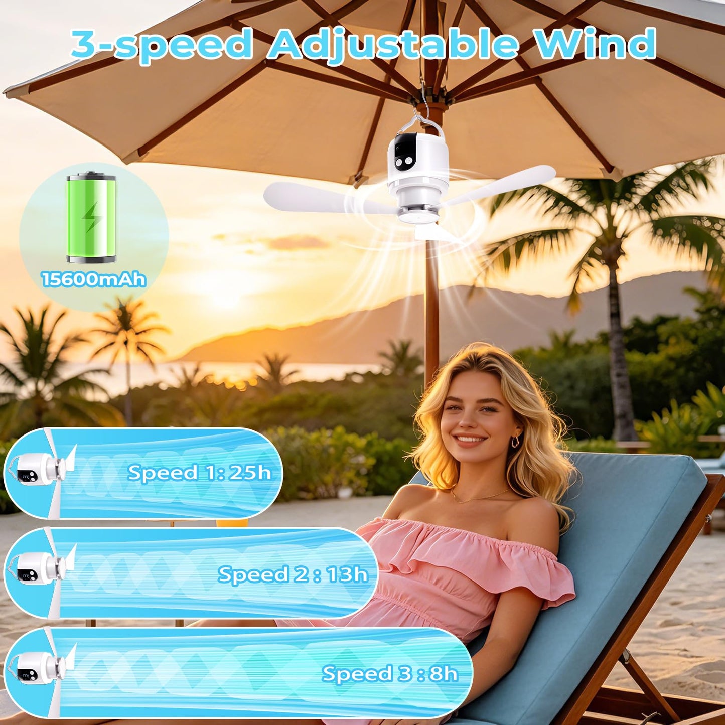 Tent Fan,18" Outdoor Camping Fans for Tents,Portable Ceiling Fan with Lights Remote,15600mAh Battery Operated Ceiling Fan,Rechargeable Tent Ceiling