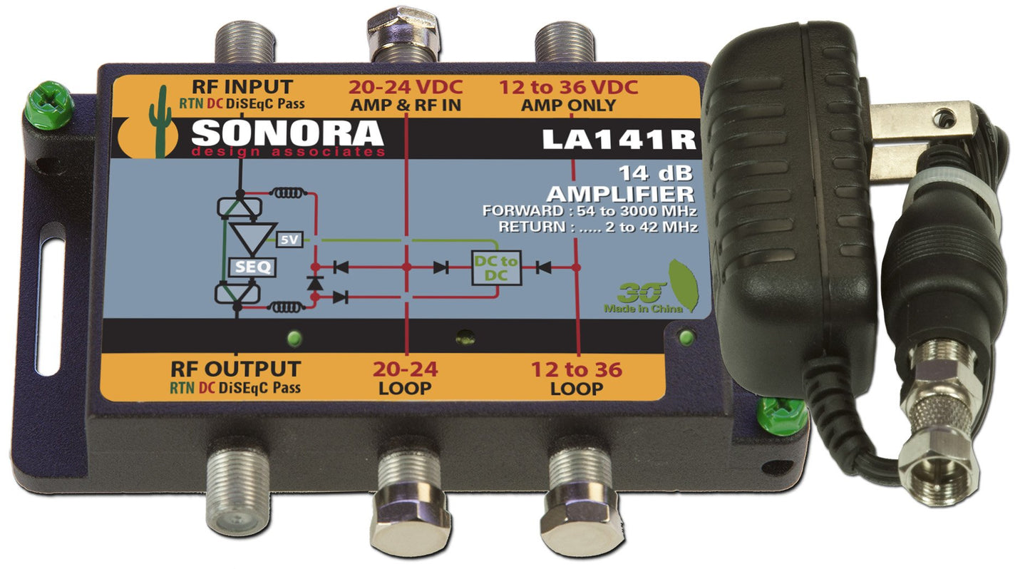 LA141R -T (1) Coax Input, 14 dB Gain Amplifier with 2-42 MHz Return, with power adaptor by Sonora Design