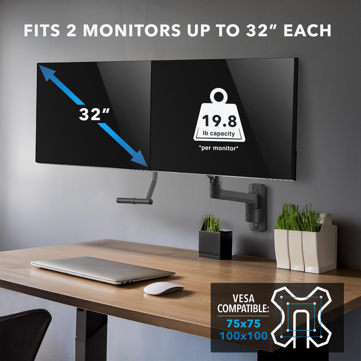 Mount-It! Proflex Dual Monitor Wall Mount, Gas Spring Arm with Crossbar, Fits 17-32? Screens up to 19.8 lb Each, Height Adjustable Full Motion Tilt
