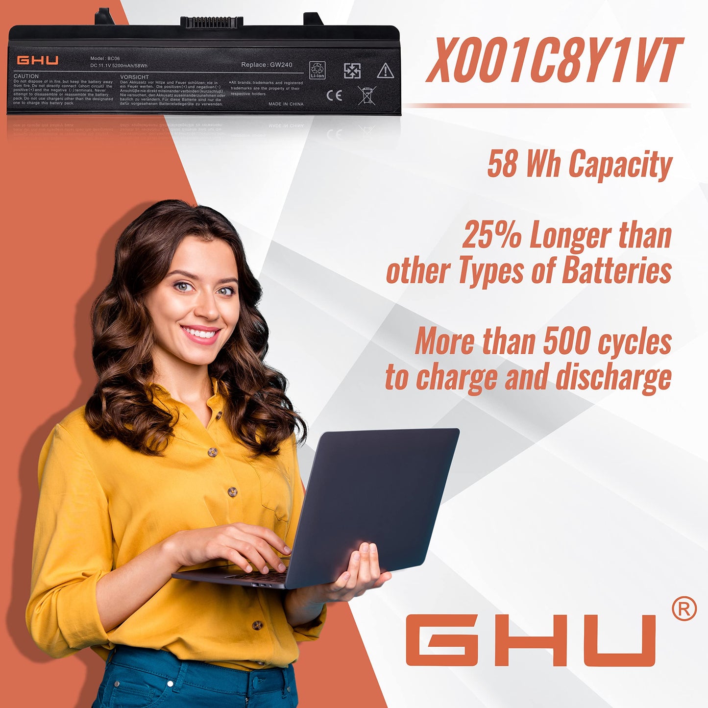GHU New Battery X284G GW240 58 Wh Compatible with Dell Inspiron Computer 1525 1526 1545 1546 PP29L PP41L PN XR693 GP952 RU586 RN873 GW240 M911G J399N