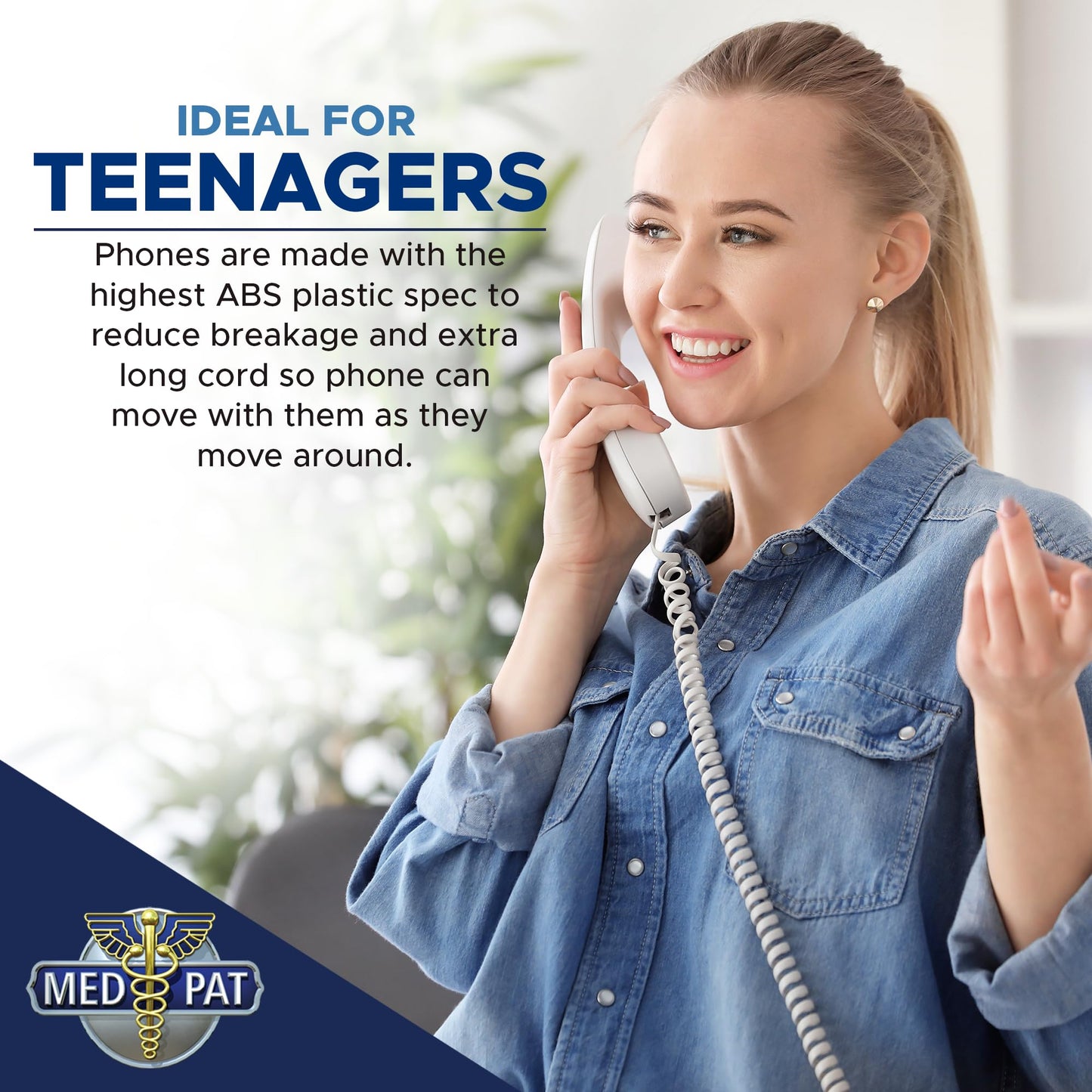 Med-Pat T1C Sleek Trimline Corded Telephone with Ring/In-Use Light Indicator - Wall-Mountable Analog Retro House Phone, Hearing Aid Compatible