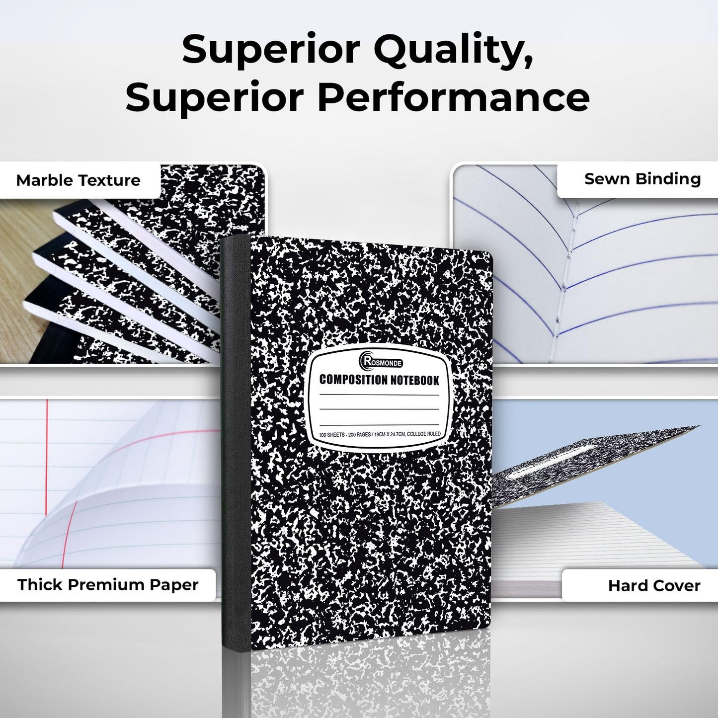 Rosmonde 2000 Pack Composition Notebooks Bulk, College Ruled, Black Marble