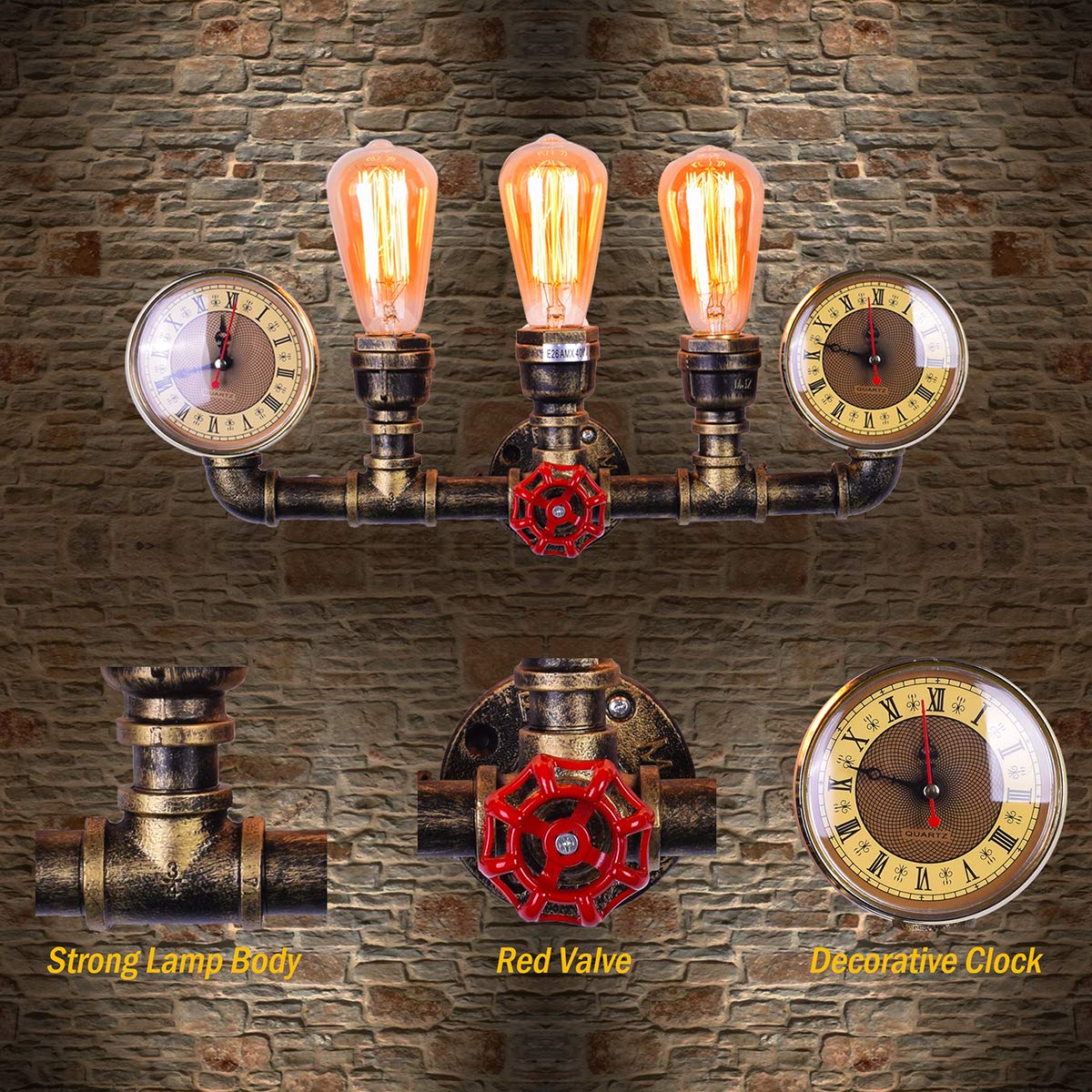 LMSOD 3 Lights Water Tube Wall Sconce, Retro Industrial Steampunk Wall Light Fixture in Antique Bronze