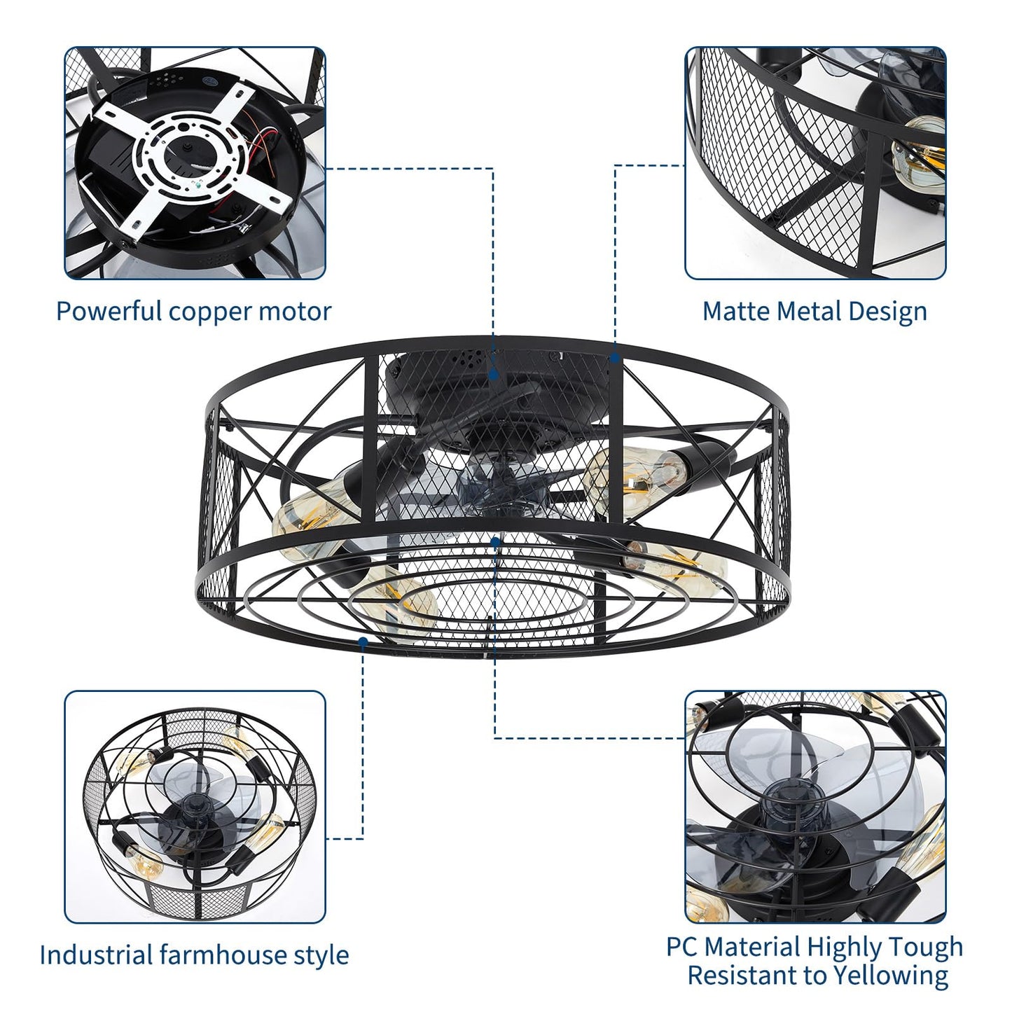 Klysiora Ceiling Fans with Lights and Remote,20'' 240W 6-Speed Adjustable Timer Ceiling Fans,Flush Mount Fandelier Cooling Fan for Bedroom, Kitchen