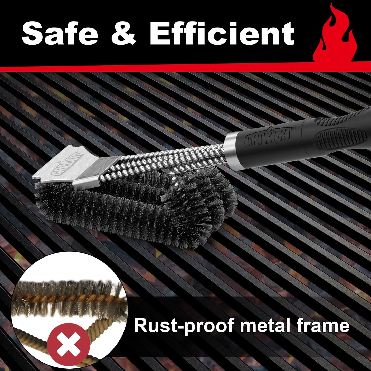 GRILLART Grill Brush & Scraper – Extra Strong BBQ Cleaner with Safe Wire Bristles for Gas & Charcoal Grills, Triple Scrubber BR-8115