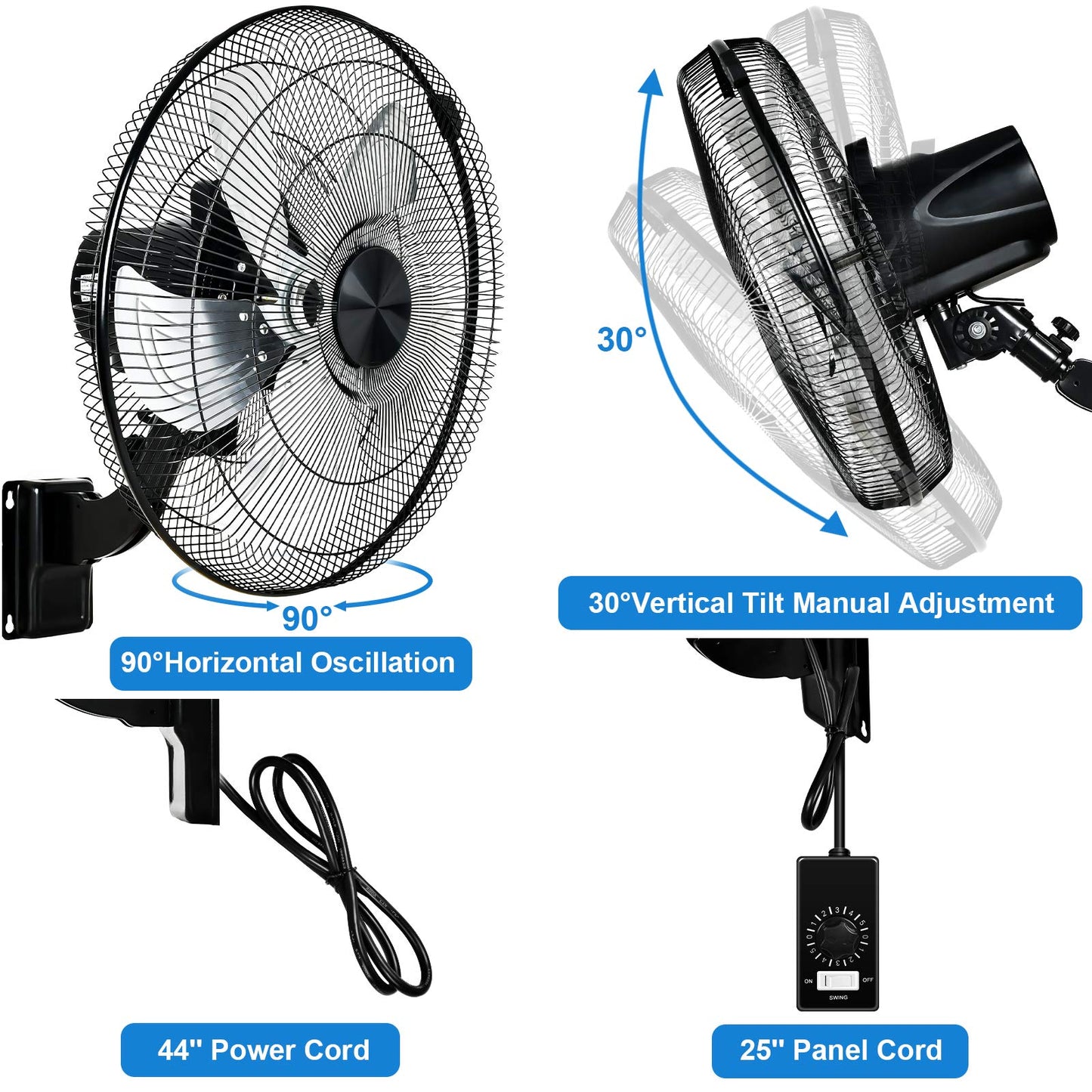 Simple Deluxe 18-Inch Metal Wall Mount Fan, Max 4200 CFM Corner & Outdoor Patio Fan, 5-Speed High Velocity Airflow, 90° Oscillation, Adjustable Tilt